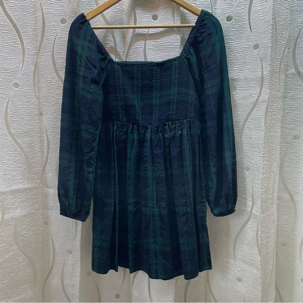 Old Navy Plaid Smocked Mini Dress Womens Medium Green Navy Blue Puff Sleeve